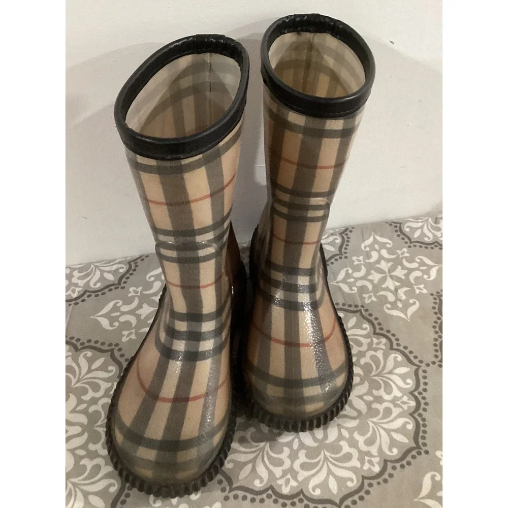 Burberry Unisex Kids Tan Black Check Mid-Calf Pull-On Rain Boots Sz 13 With COA